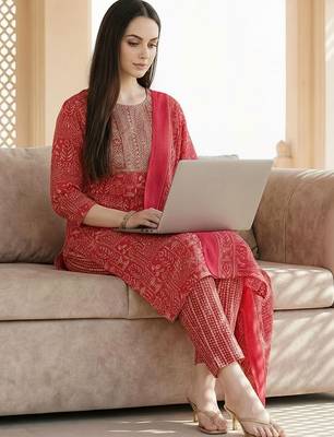 Women Ethnic Motifs Printed Regular Thread Work Pure Cotton Kurta with Trousers & With Dupatta 1