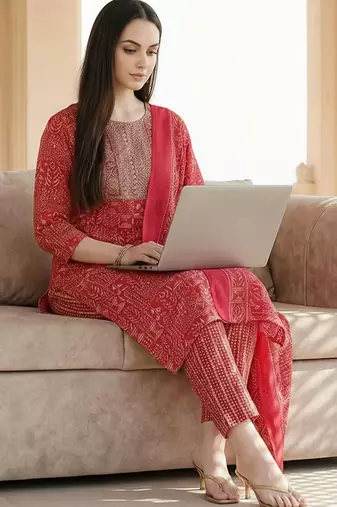 Women Ethnic Motifs Printed Regular Thread Work Pure Cotton Kurta with Trousers & With Dupatta