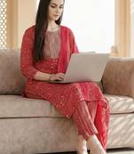 Women Ethnic Motifs Printed Regular Thread Work Pure Cotton Kurta with Trousers & With Dupatta