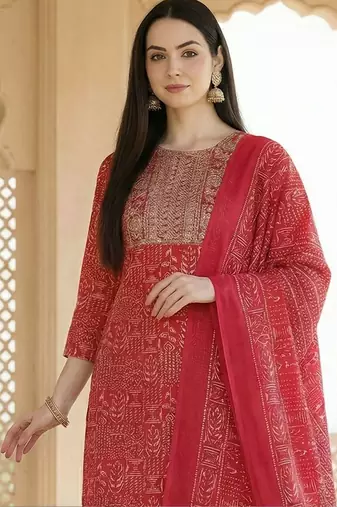 Women Ethnic Motifs Printed Regular Thread Work Pure Cotton Kurta with Trousers & With Dupatta