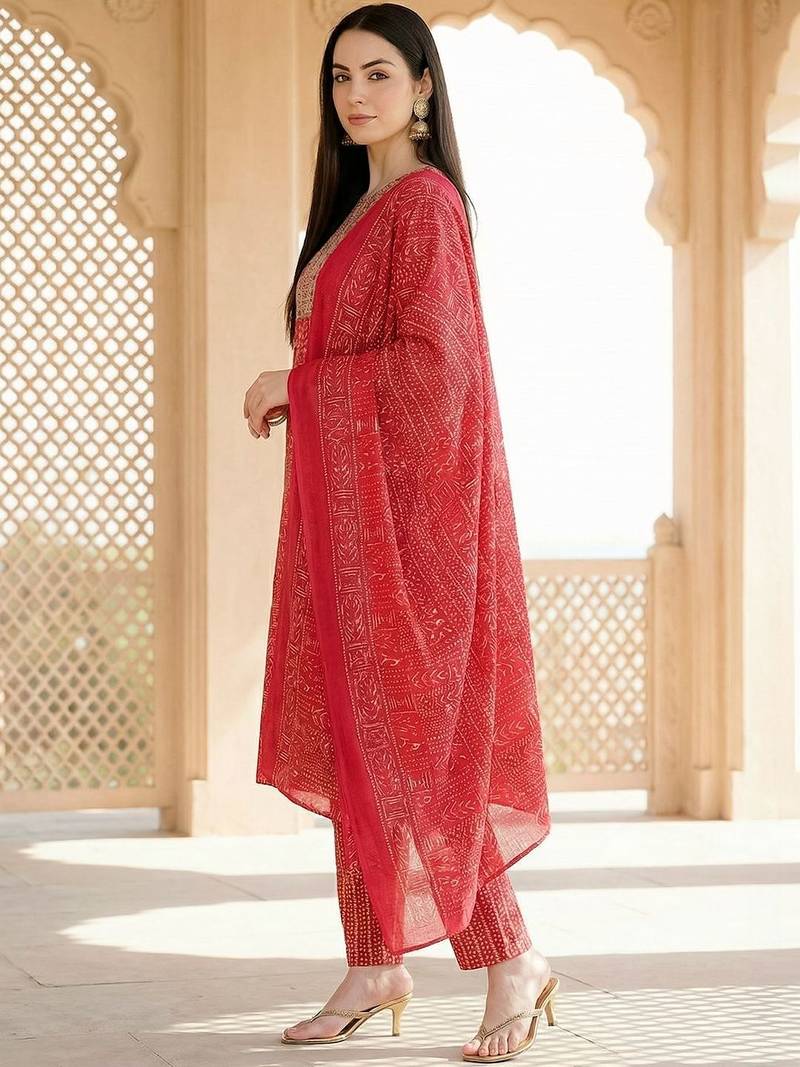Women Ethnic Motifs Printed Regular Thread Work Pure Cotton Kurta with Trousers & With Dupatta