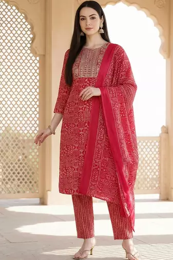 Women Ethnic Motifs Printed Regular Thread Work Pure Cotton Kurta with Trousers & With Dupatta