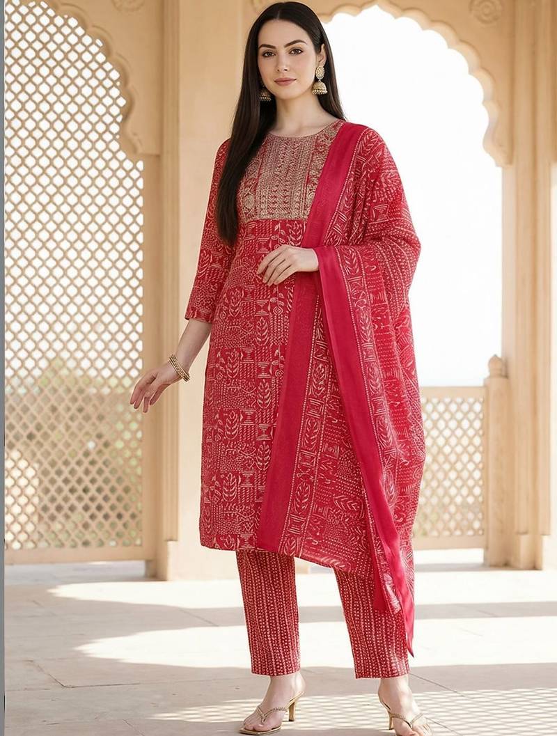 Women Ethnic Motifs Printed Regular Thread Work Pure Cotton Kurta with Trousers & With Dupatta