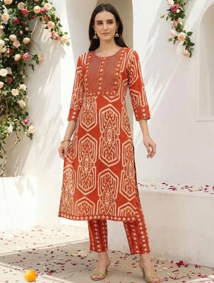 Women Printed Regular Mirror Work Pure Cotton Kurta with Trousers 1