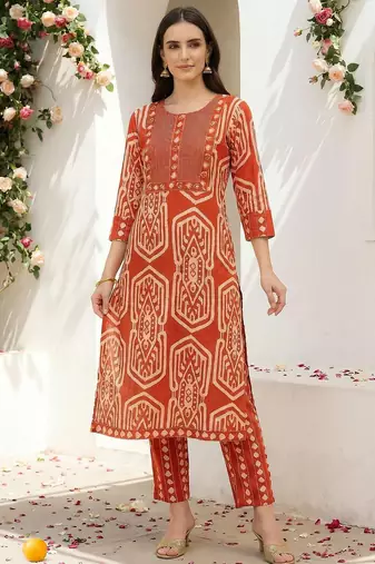 Women Printed Regular Mirror Work Pure Cotton Kurta with Trousers