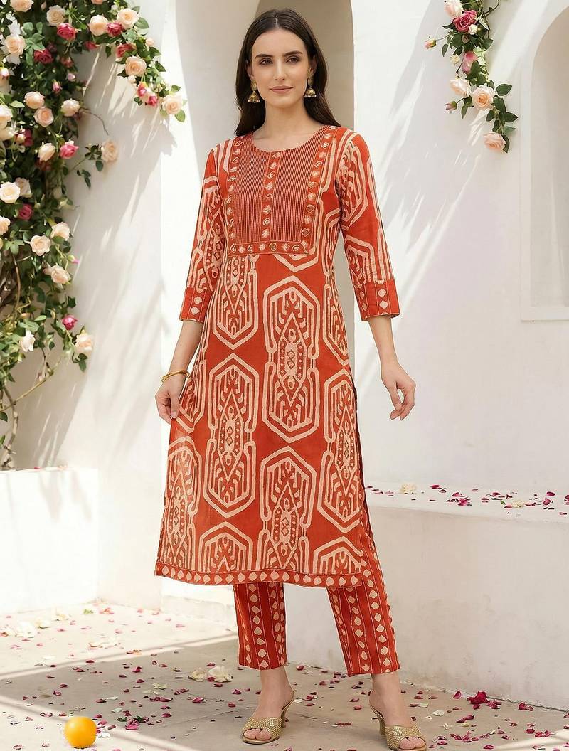 Women Printed Regular Mirror Work Pure Cotton Kurta with Trousers