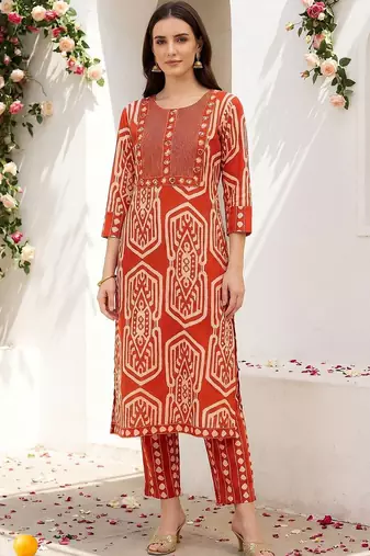 Women Printed Regular Mirror Work Pure Cotton Kurta with Trousers