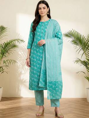 Women Floral Printed Regular Pure Cotton Kurta with Trousers & With Dupatta 1