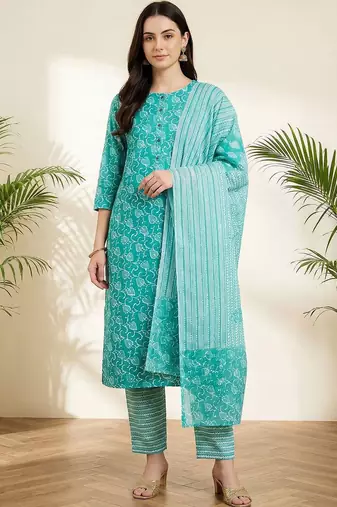 Women Floral Printed Regular Pure Cotton Kurta with Trousers & With Dupatta