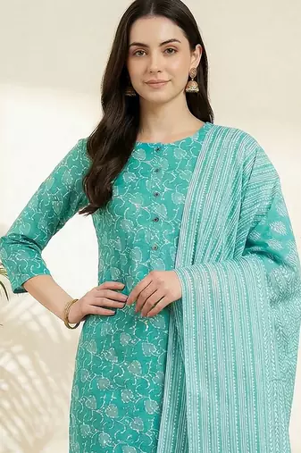 Women Floral Printed Regular Pure Cotton Kurta with Trousers & With Dupatta