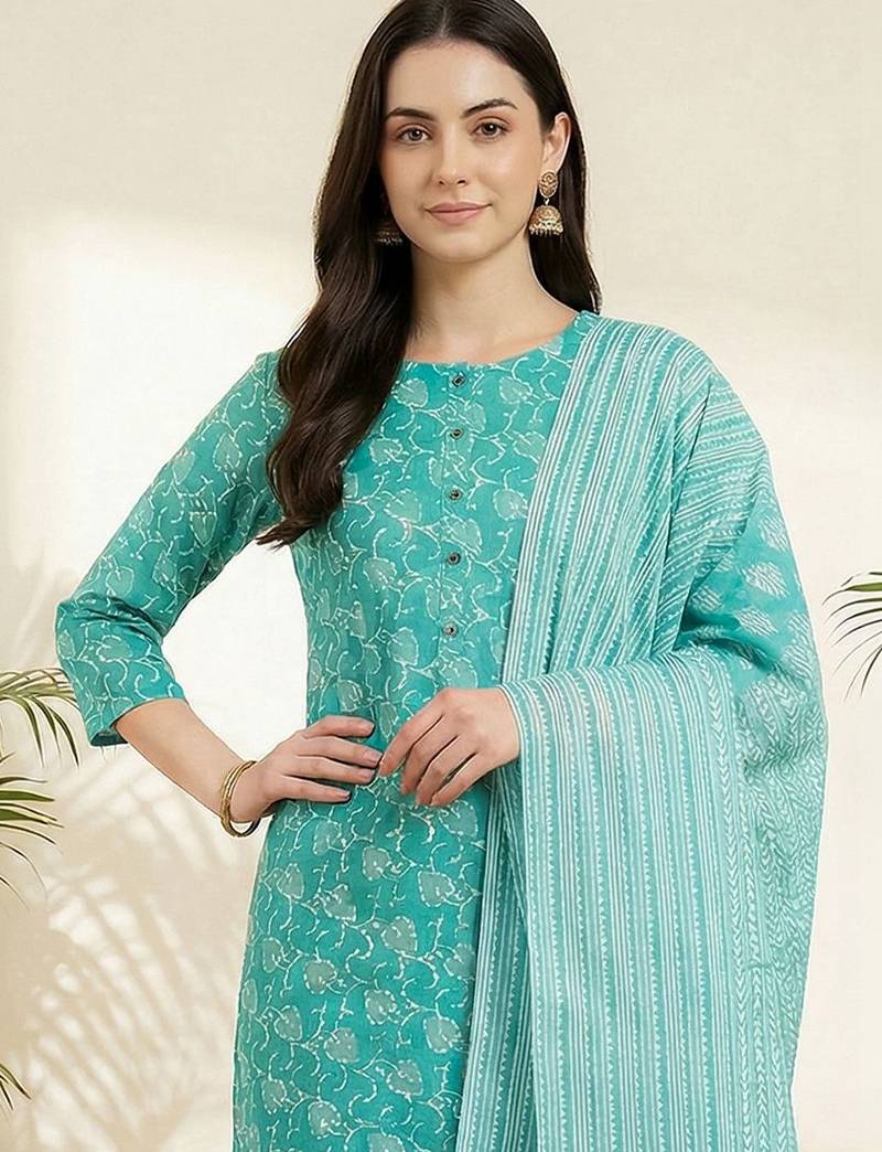 Women Floral Printed Regular Pure Cotton Kurta with Trousers & With Dupatta