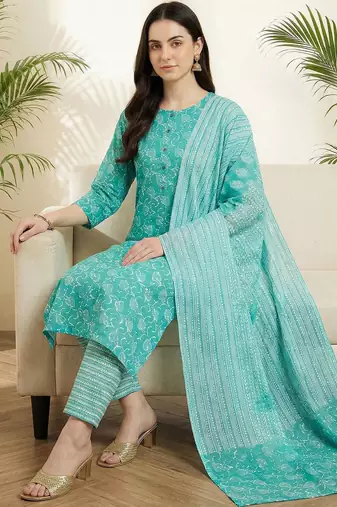 Women Floral Printed Regular Pure Cotton Kurta with Trousers & With Dupatta