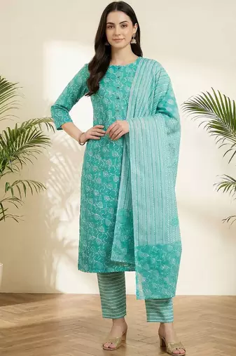 Women Floral Printed Regular Pure Cotton Kurta with Trousers & With Dupatta