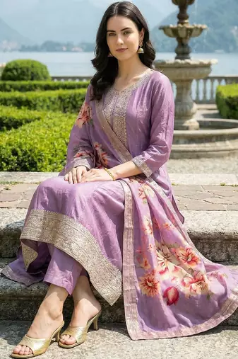 Women Floral Embroidered Panelled Thread Work Kurta with Trousers & With Dupatta