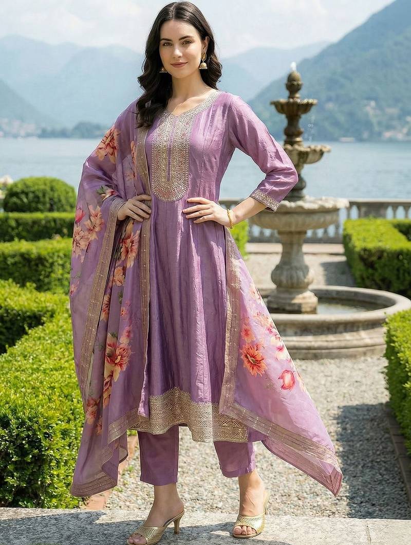 Women Floral Embroidered Panelled Thread Work Kurta with Trousers & With Dupatta