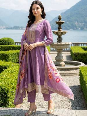 Women Floral Embroidered Panelled Thread Work Kurta with Trousers & With Dupatta 4