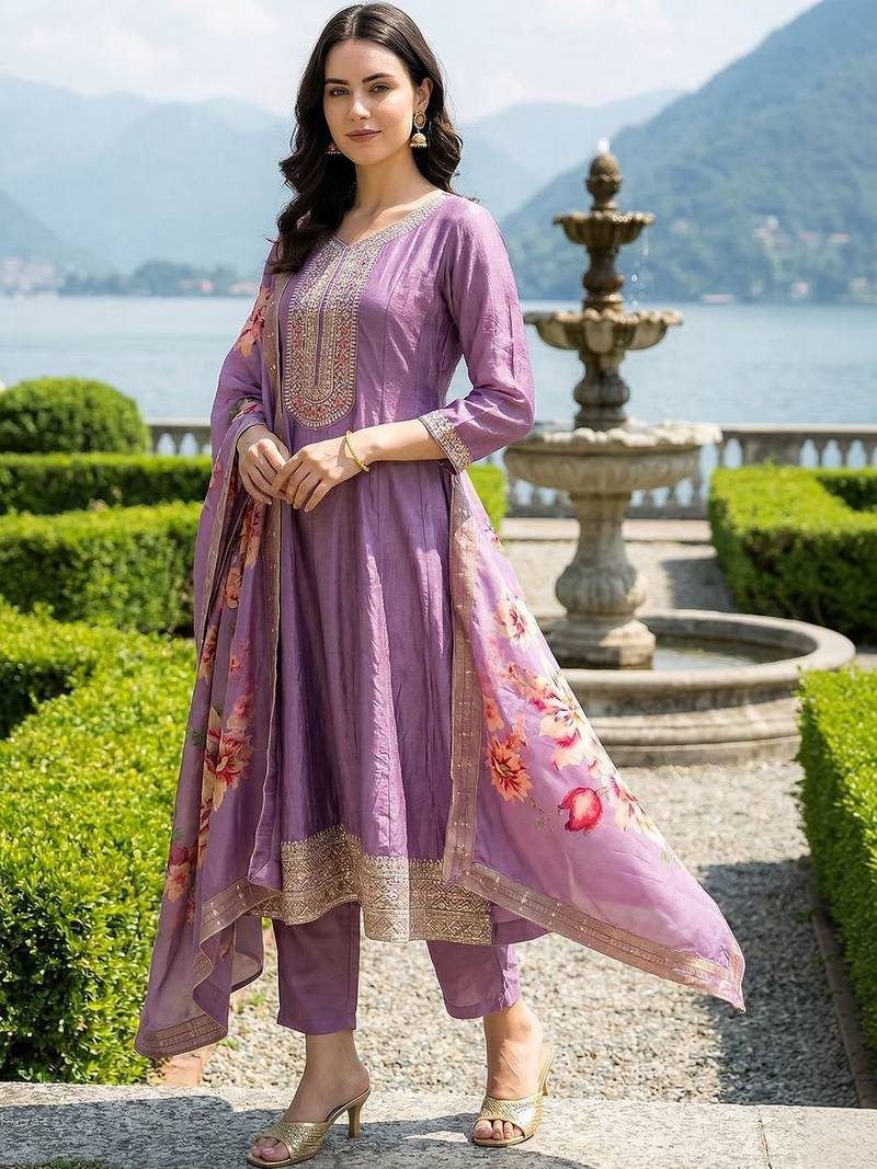Women Floral Embroidered Panelled Thread Work Kurta with Trousers & With Dupatta