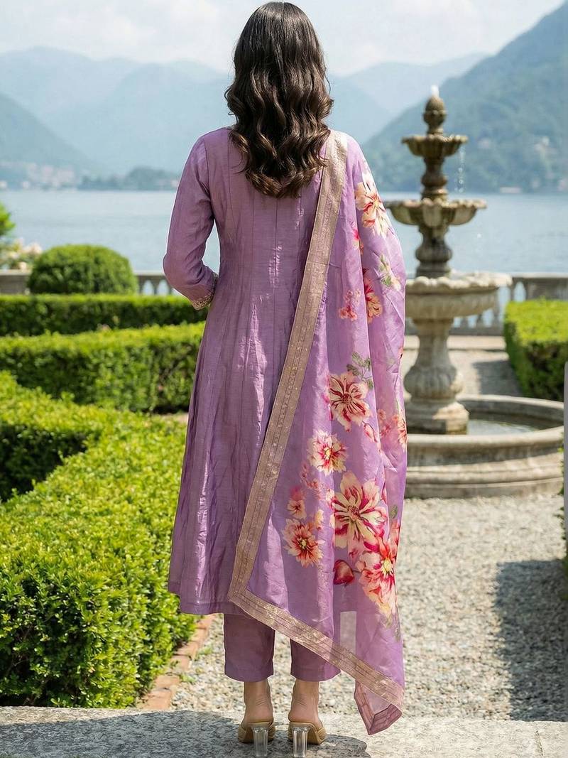 Women Floral Embroidered Panelled Thread Work Kurta with Trousers & With Dupatta