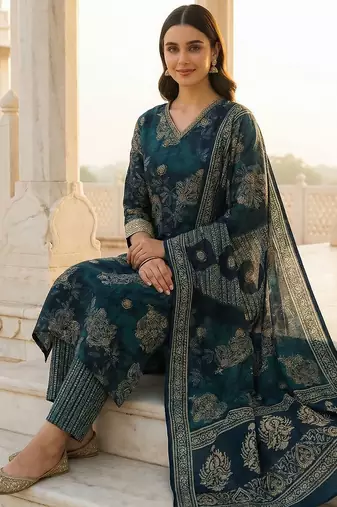 Women Ethnic Motifs Printed Regular Chanderi Silk Kurta with Trousers & With Dupatta
