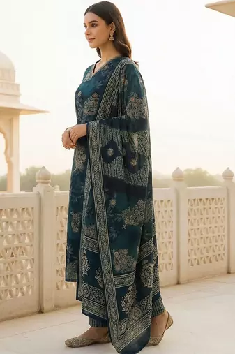 Women Ethnic Motifs Printed Regular Chanderi Silk Kurta with Trousers & With Dupatta