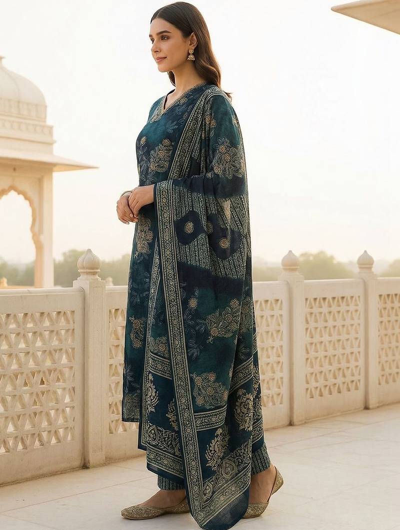 Women Ethnic Motifs Printed Regular Chanderi Silk Kurta with Trousers & With Dupatta