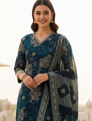 Women Ethnic Motifs Printed Regular Chanderi Silk Kurta with Trousers & With Dupatta 3