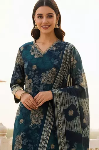 Women Ethnic Motifs Printed Regular Chanderi Silk Kurta with Trousers & With Dupatta