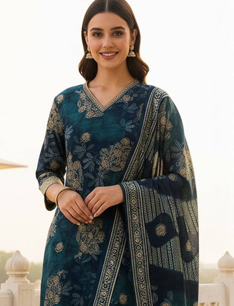 Women Ethnic Motifs Printed Regular Chanderi Silk Kurta with Trousers & With Dupatta