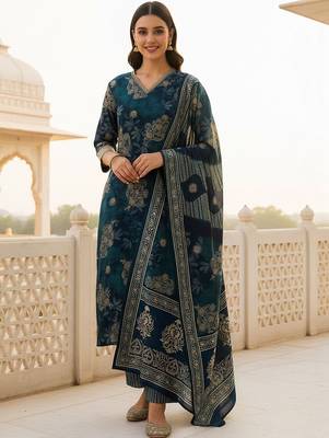 Women Ethnic Motifs Printed Regular Chanderi Silk Kurta with Trousers & With Dupatta 4