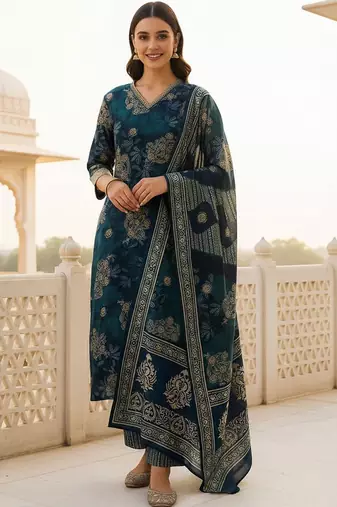 Women Ethnic Motifs Printed Regular Chanderi Silk Kurta with Trousers & With Dupatta