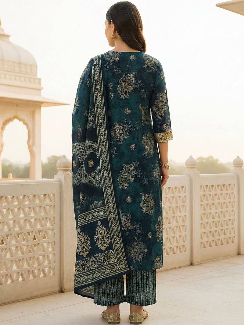 Women Ethnic Motifs Printed Regular Chanderi Silk Kurta with Trousers & With Dupatta