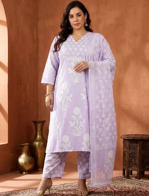 Plus Size Printed Regular Pure Cotton Kurta with Trousers & With Dupatta 1