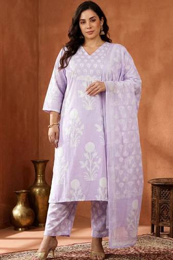 Plus Size Printed Regular  Cotton Kurta with Trousers & With Dupatta