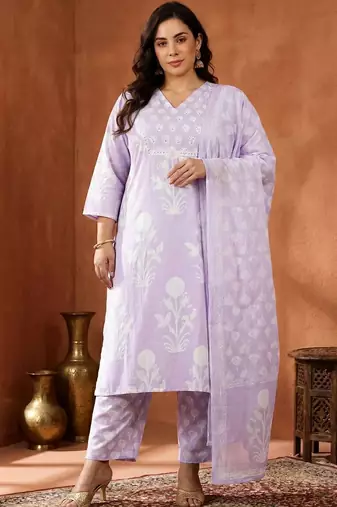 Plus Size Printed Regular Pure Cotton Kurta with Trousers & With Dupatta