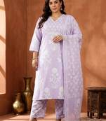 Plus Size Printed Regular Pure Cotton Kurta with Trousers & With Dupatta