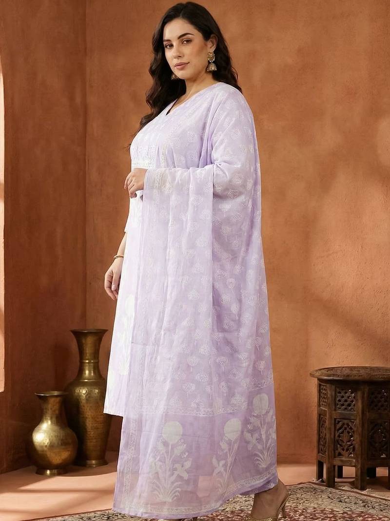 Plus Size Printed Regular Pure Cotton Kurta with Trousers & With Dupatta