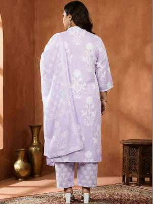 Plus Size Printed Regular Pure Cotton Kurta with Trousers & With Dupatta 3