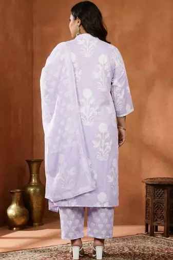 Plus Size Printed Regular Pure Cotton Kurta with Trousers & With Dupatta