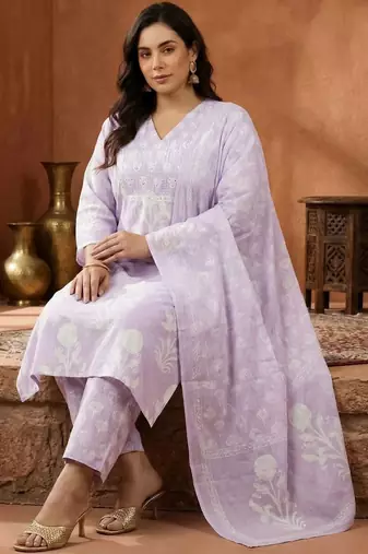 Plus Size Printed Regular Pure Cotton Kurta with Trousers & With Dupatta