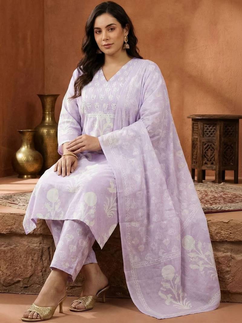 Plus Size Printed Regular Pure Cotton Kurta with Trousers & With Dupatta
