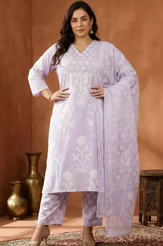 Plus Size Printed Regular Pure Cotton Kurta with Trousers & With Dupatta