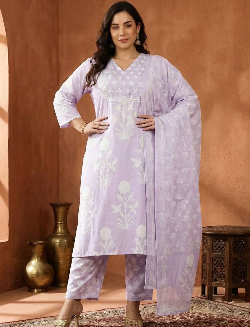 Plus Size Printed Regular Pure Cotton Kurta with Trousers & With Dupatta
