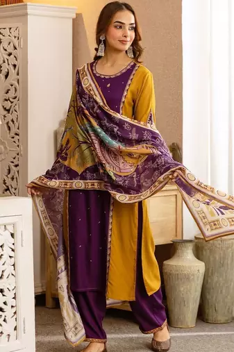 Women Ethnic Motifs Panelled Thread Work Kurta with Palazzos & With Dupatta