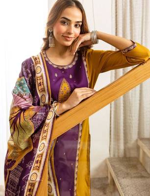 Women Ethnic Motifs Panelled Thread Work Kurta with Palazzos & With Dupatta 2