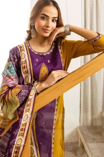 Women Ethnic Motifs Panelled Thread Work Kurta with Palazzos & With Dupatta