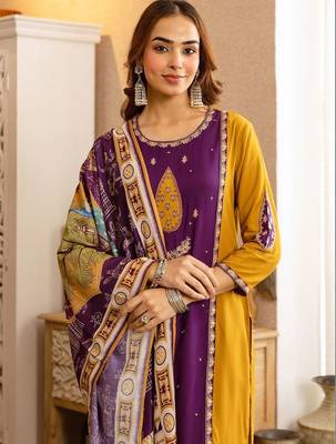 Women Ethnic Motifs Panelled Thread Work Kurta with Palazzos & With Dupatta 3