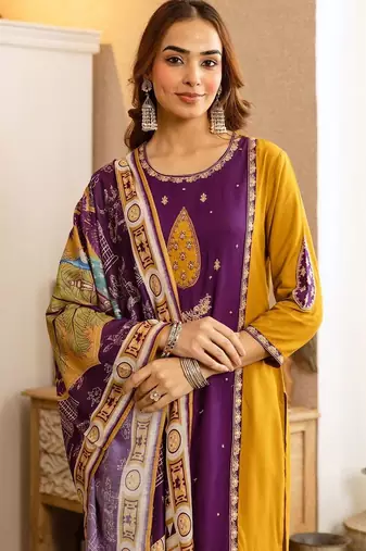 Women Ethnic Motifs Panelled Thread Work Kurta with Palazzos & With Dupatta