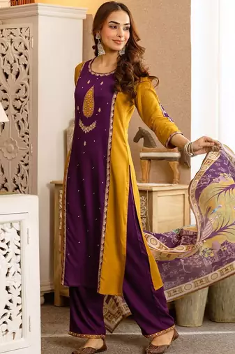 Women Ethnic Motifs Panelled Thread Work Kurta with Palazzos & With Dupatta