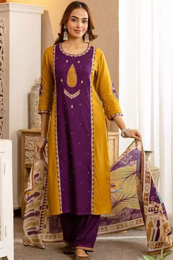 Women Ethnic Motifs Panelled Thread Work Kurta with Palazzos & With Dupatta