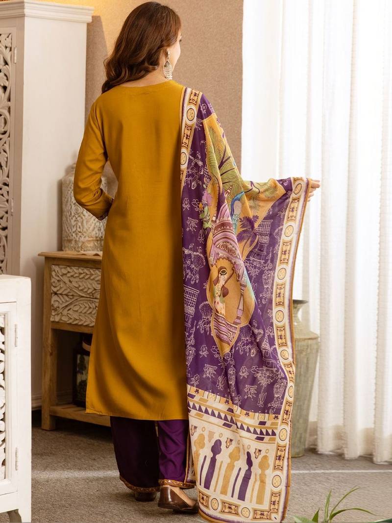 Women Ethnic Motifs Panelled Thread Work Kurta with Palazzos & With Dupatta